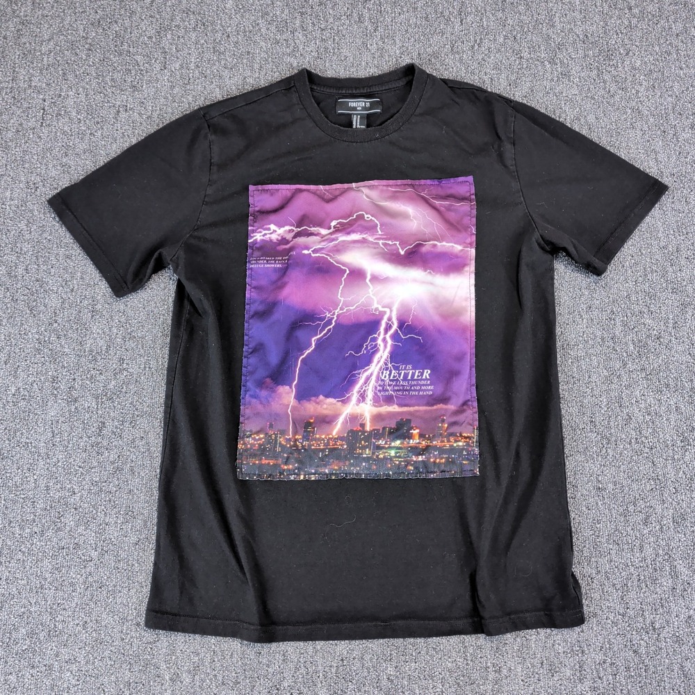 Forever 21 Modern Lightning Storm Graphic T-Shirt Mens Size M Black Cotton Tee